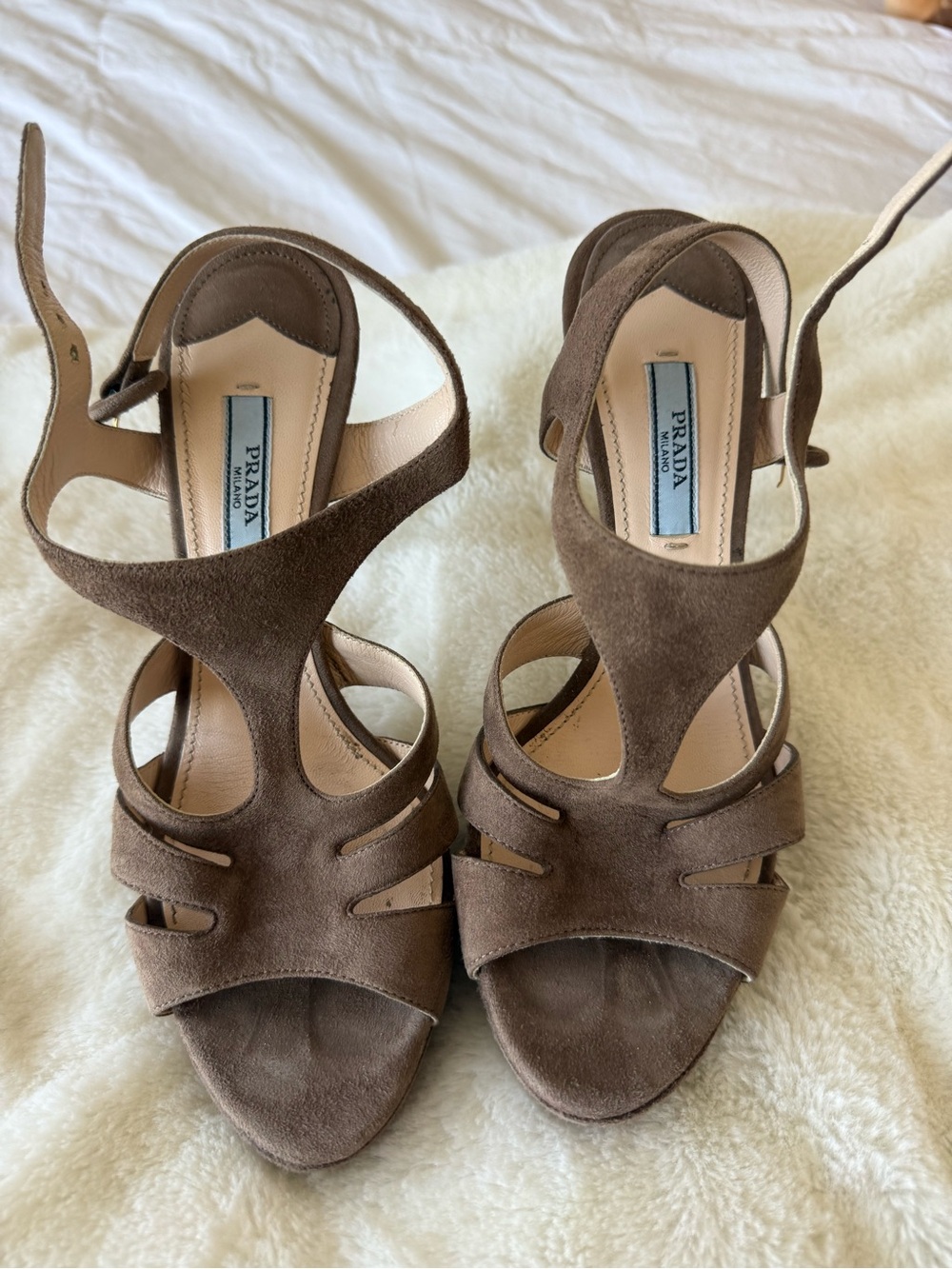 Prada Brown Suede Sculptural Strappy High Heels